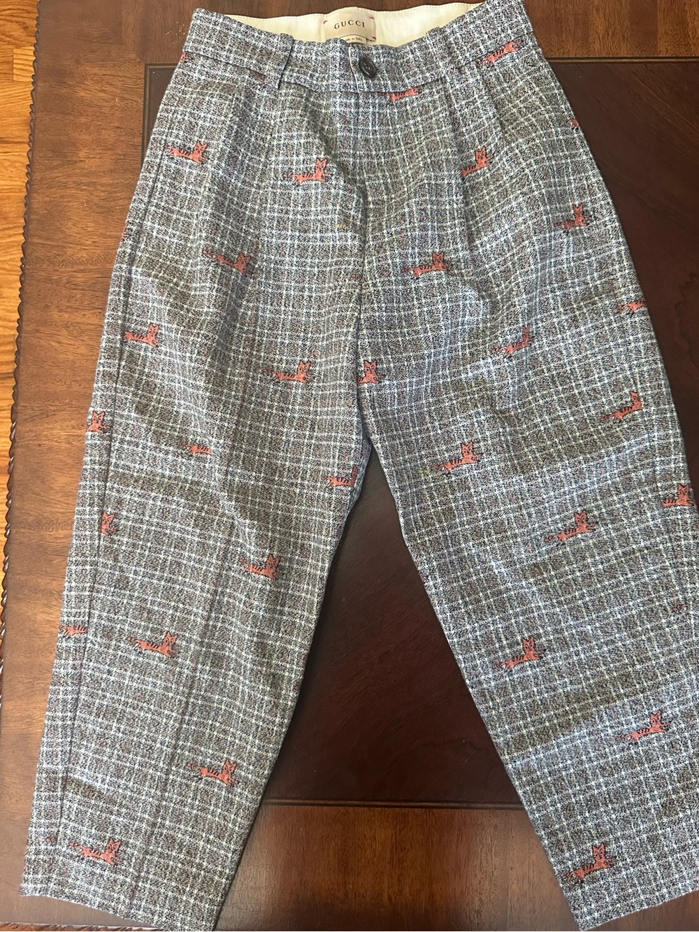 Gucci kids Gray Plaid Trousers with Red Fox Embroidery